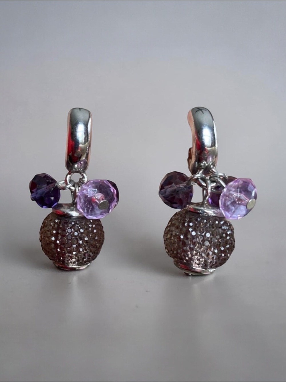 Elegant Silver and Purple Amethyst Beaded Earrings Marked JJG Clip On Earrings